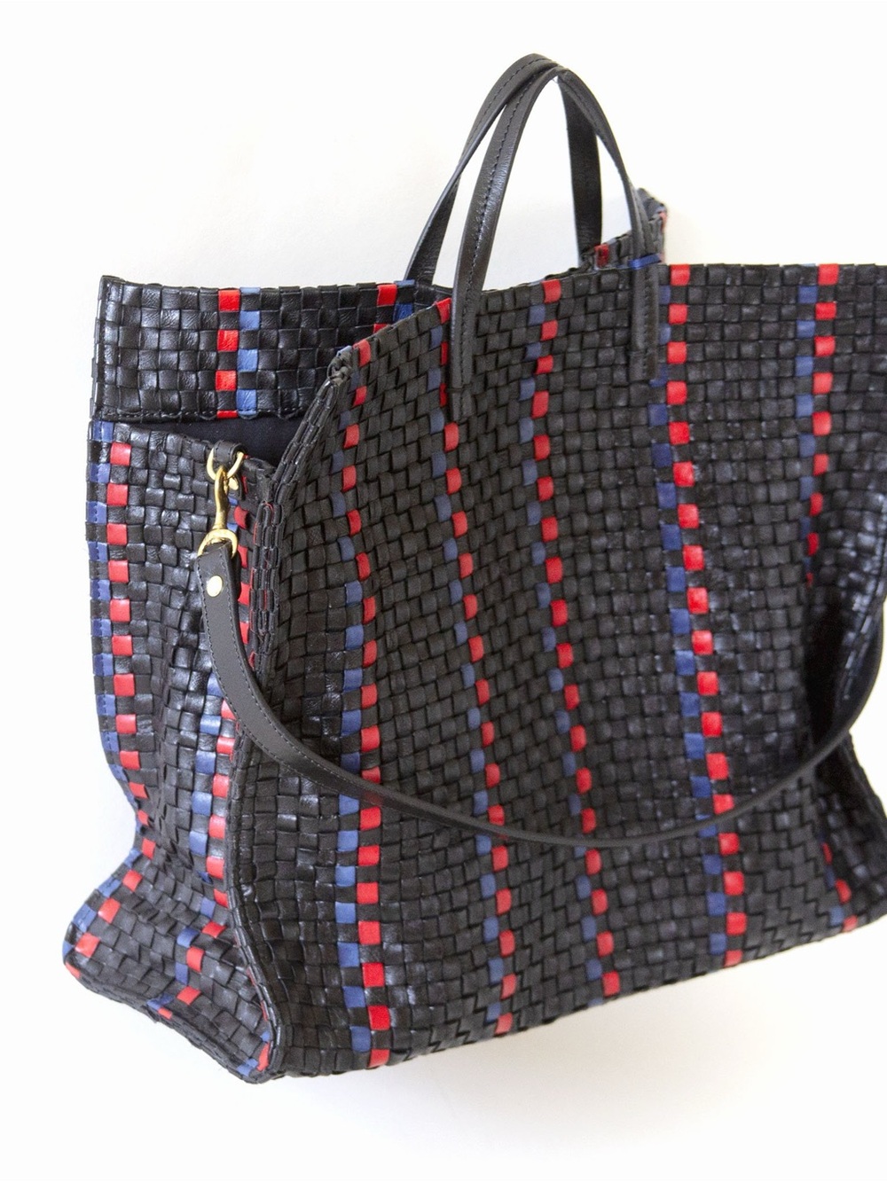 CLARE V. Woven Black Tote with Red and Navy Accent Stripes - Picture 9 of 12